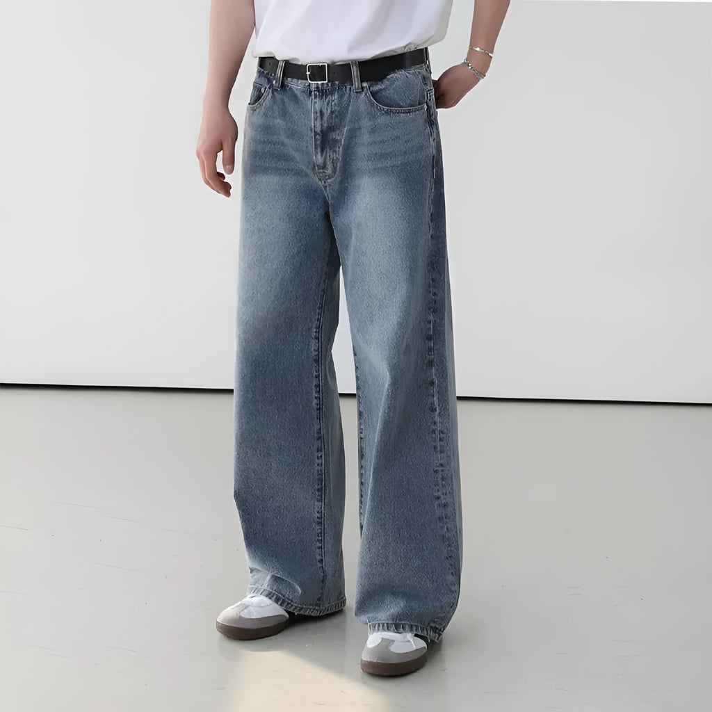 Men's retro washed blue jeans, cotton mid waist trousers, casual leisure pants, sizes M to 2XL