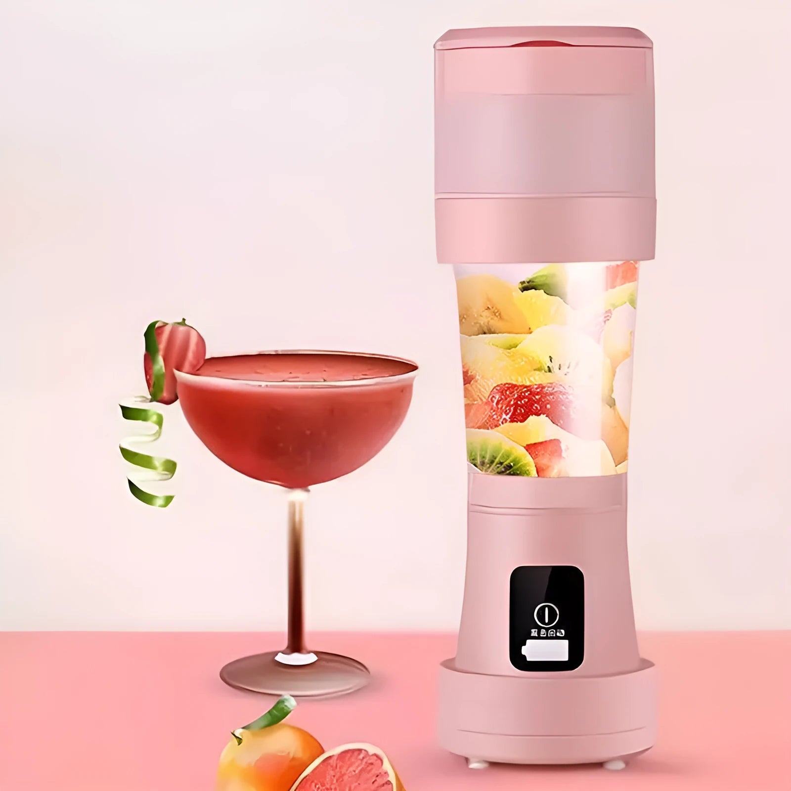 Blue portable personal blender with 450ml cup, shown extended and folded, with USB charging cable