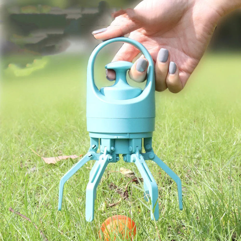 Blue portable dog pooper scooper with built-in bag dispenser and eight-claw shovel