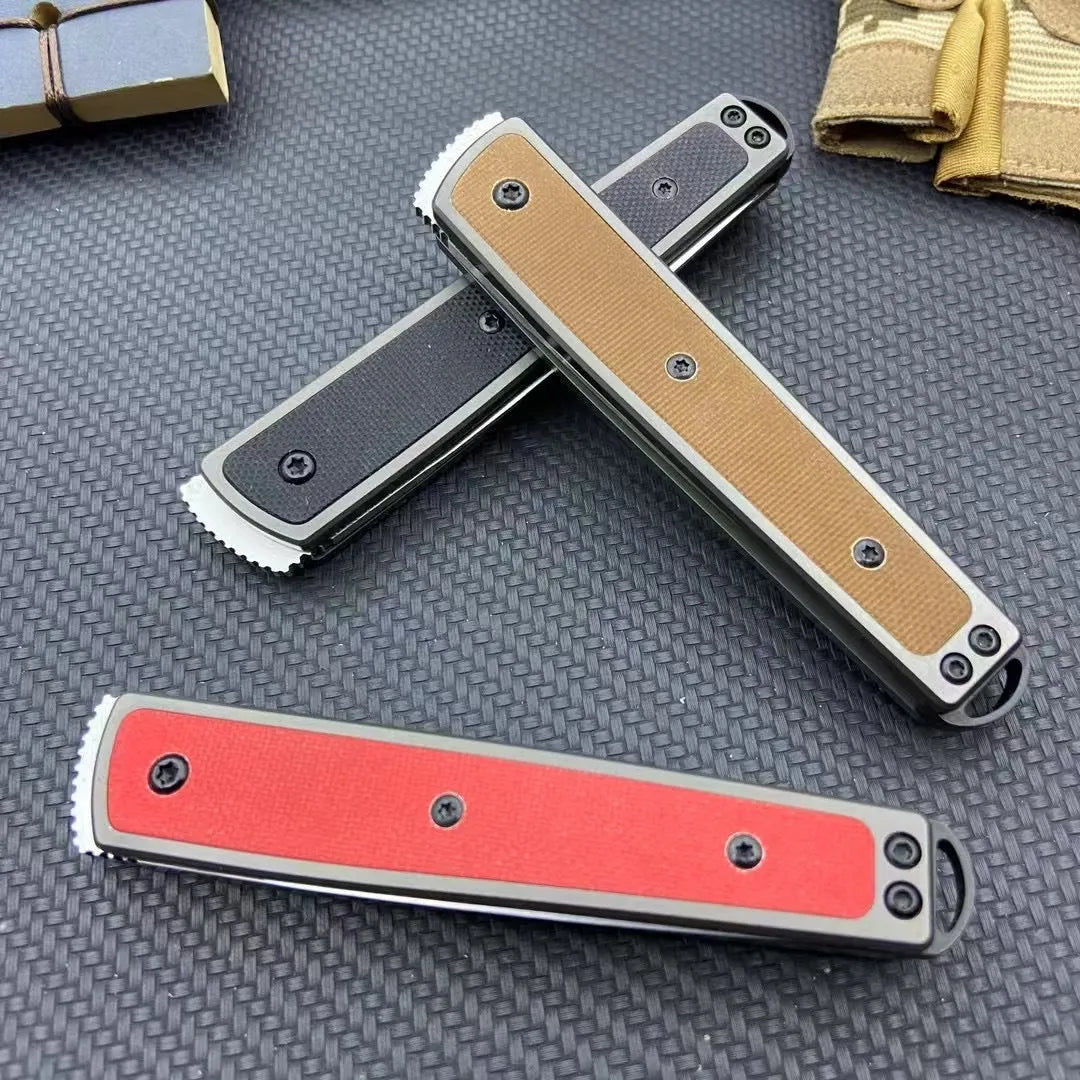 Folding fruit knife with stainless steel blade shown in black, red, and coffee colour variations