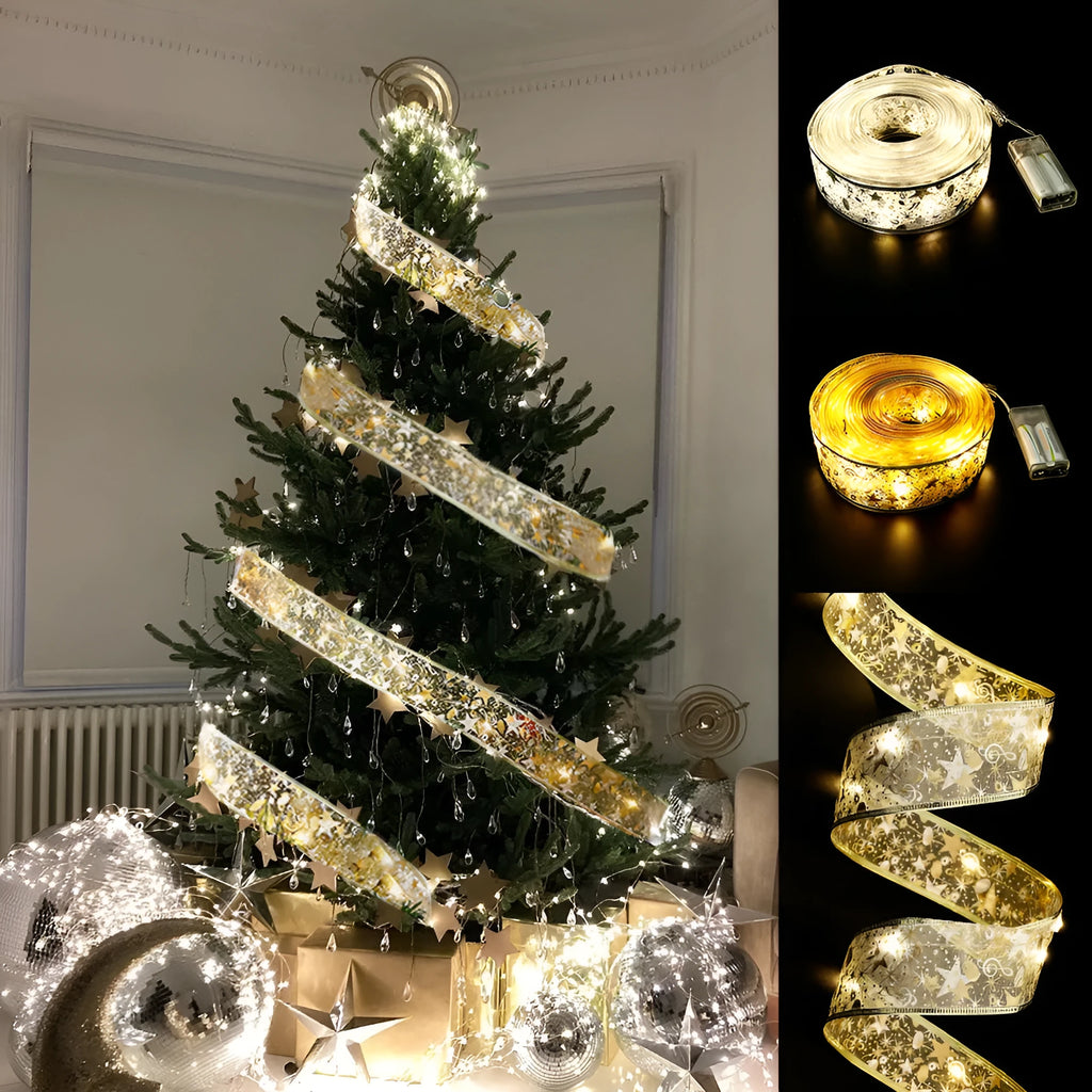 Fairy lights string with decorative cloth ribbon bow tie in colourful LED lighting for Christmas decorations