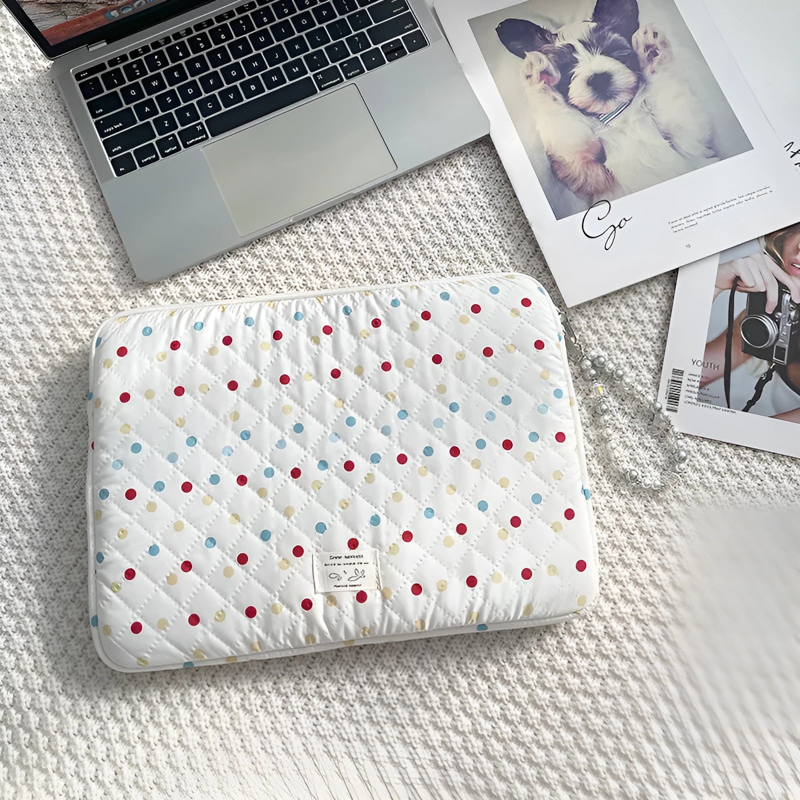 Polka dot women's laptop bag with storage compartments available in three size options