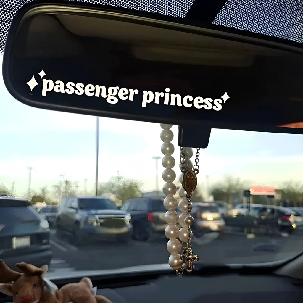 White car interior vinyl sticker with English text, showing 10cm by 2cm size.