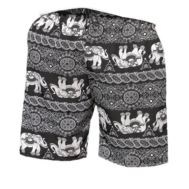 Men's loose ice silk beach pants with stripe and floral print, free size for 55-95kg.