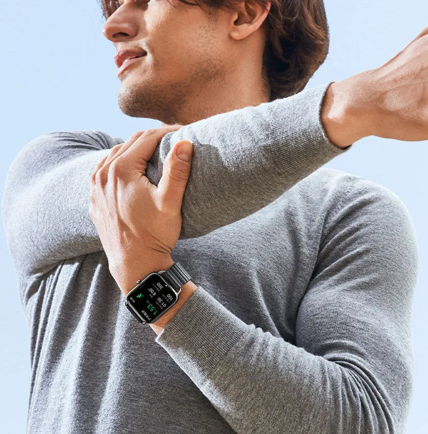 HAYLOU RS4 Plus black smart sports watch with AMOLED display on a wrist, showing fitness stats.
