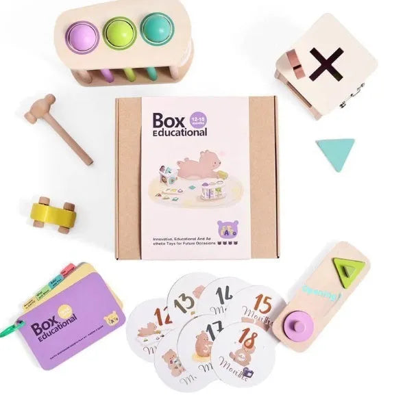Wooden Montessori rattle set with black and white cards and ball chime in a colour box, ABS baby gift for 0-18 months