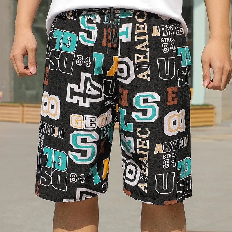 Men's loose ice silk beach pants with stripe and floral print, free size for 55-95kg.