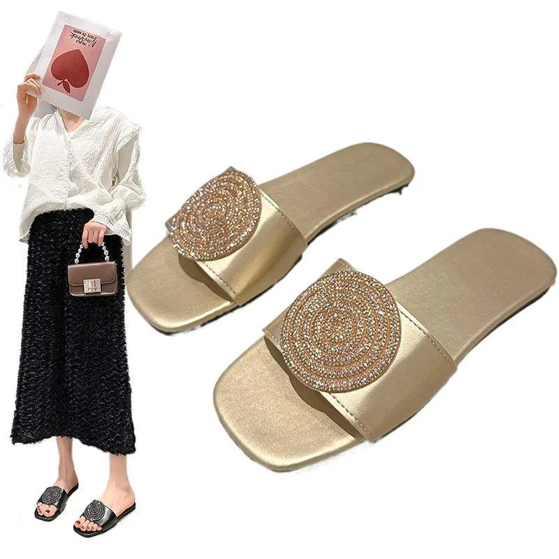 Open toe PU slippers with rhinestone trim in black colour