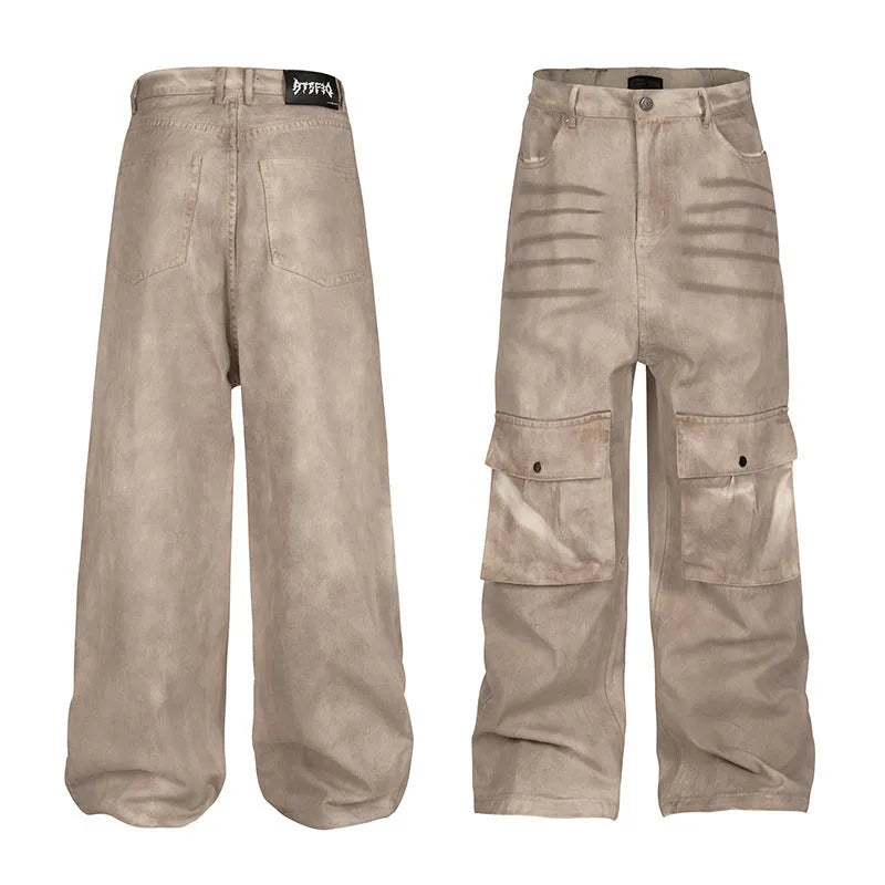 Marble dark straight loose A-line cotton denim trousers for teenage leisure wear