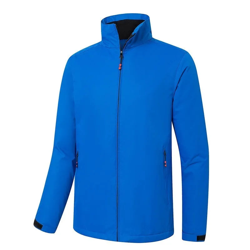 Integrated shell jacket with 250g polar fleece lining, windproof polyester outer in royal blue, black, dark blue or red