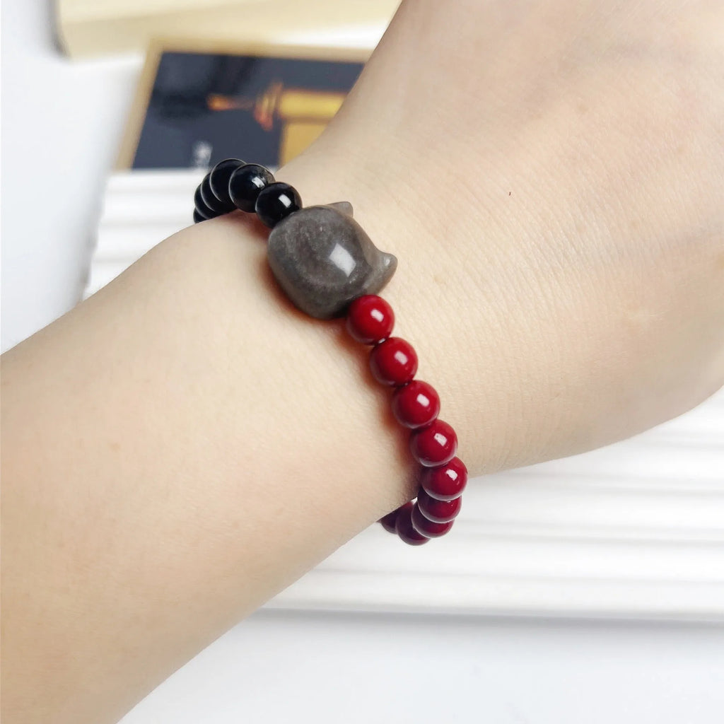 Colourful obsidian cat charm bracelet in net red style with detailed feline design