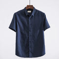 Man's casual short sleeve linen shirt with square collar in sapphire blue