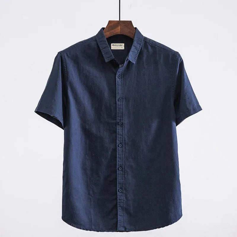 Man's casual short sleeve linen shirt with square collar in sapphire blue