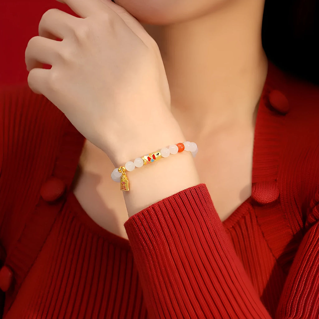 S925 sterling silver cold enamel koi Hetian jade bracelet with animal zodiac design