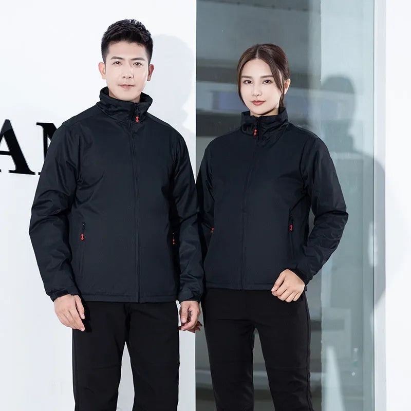 Integrated shell jacket with 250g polar fleece lining, windproof polyester outer in royal blue, black, dark blue or red