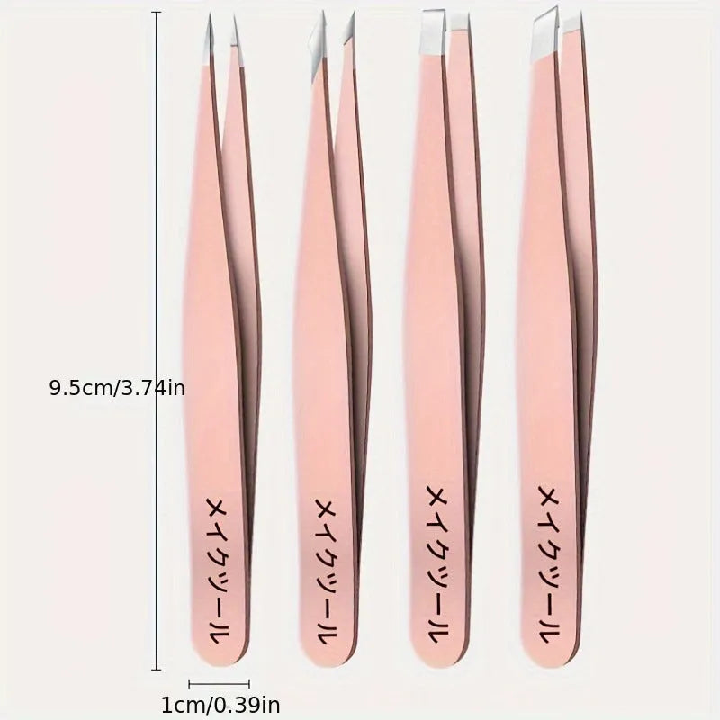 4-piece eye tweezer set with stainless steel eye forceps, 9.5 cm x 1 cm, in silver or pink