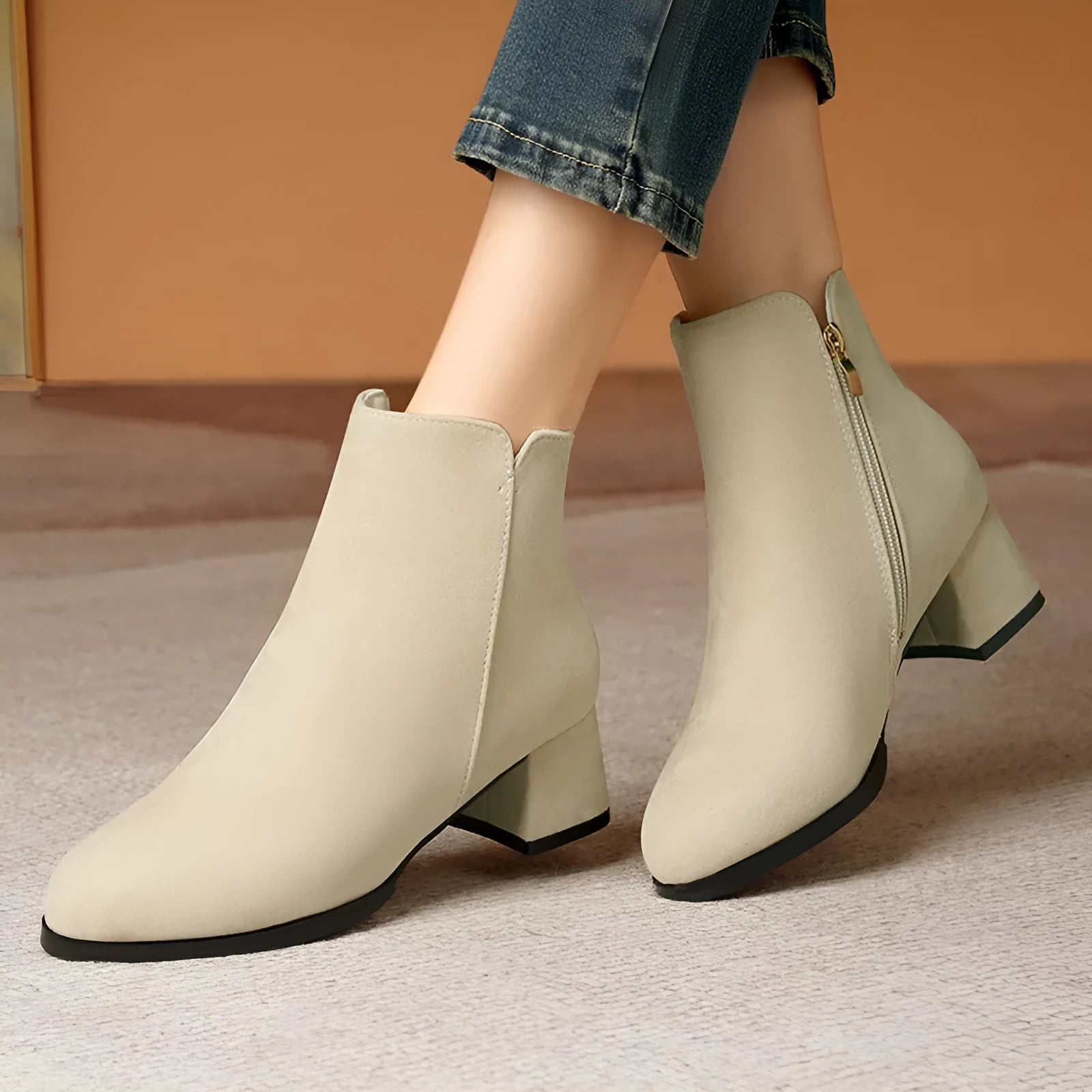 Women's pointed toe frosted suede boots with side zipper and chunky mid heel in solid colour