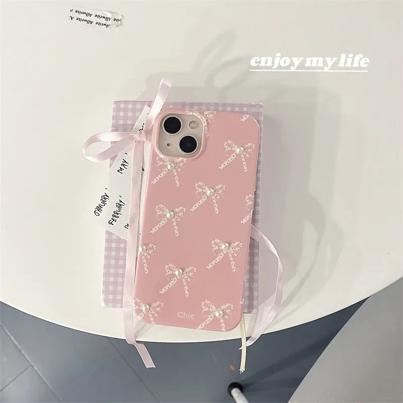 Pink Girl Pearl Bow Stereo Phone Case with three-dimensional pearl dot bow decoration for iPhone 13 Pro Max