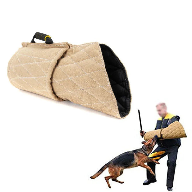 Jute dog bite training sleeve 65 x 28 cm with internal plastic handle, external foam handle, and black side hanging handle.