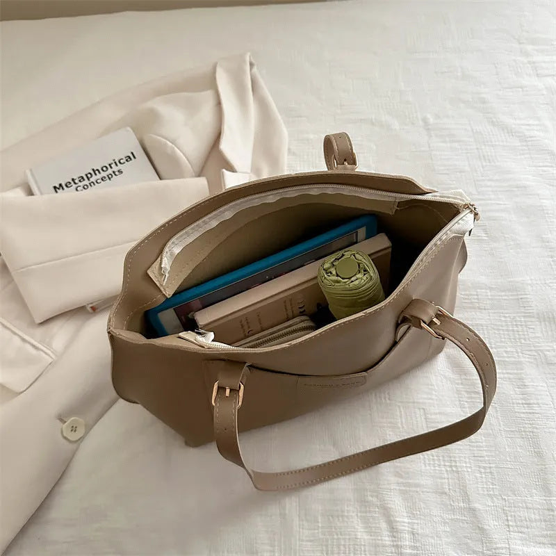 Horizontal square PU tote bag with sandwich pocket and double shoulder straps in neutral colour