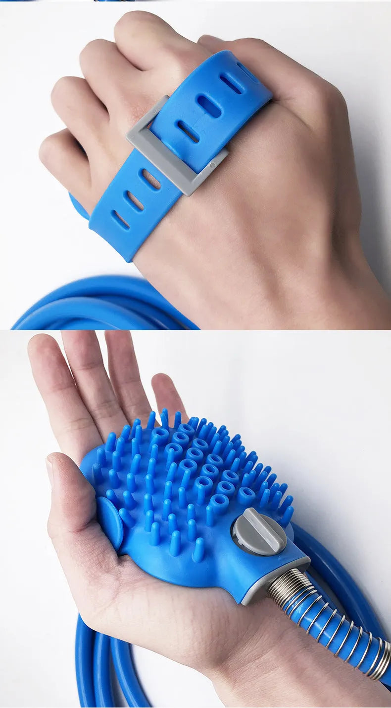 Hand-held silicone dog bath brush with built-in nozzle for outdoor pet shower