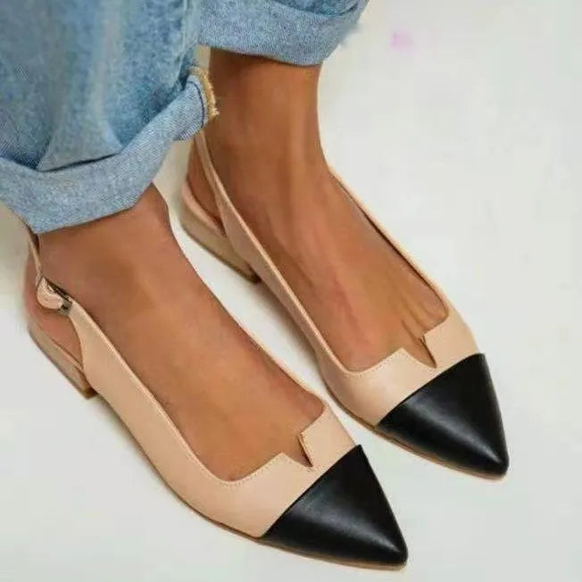 Women's pointed toe low heel pumps with colour matching, chunky heel under 3cm, PU upper, sizes 34-43