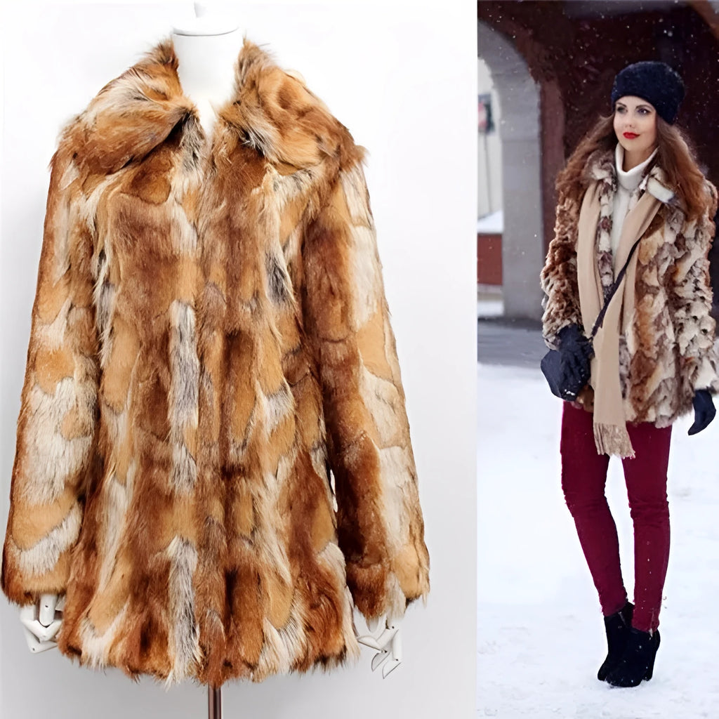 Women's tiger pattern faux fur leather jacket with slim fit and 65cm length