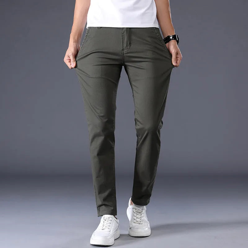 Men's solid color casual trousers, straight leg, mid waist, cotton, micro elasticity, available in multiple colors