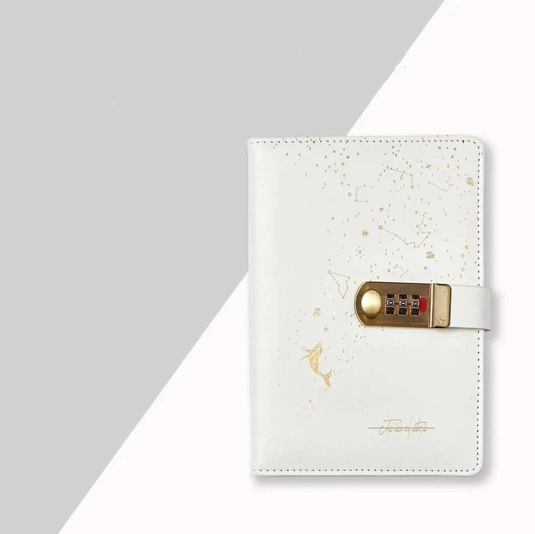 A5 password book diary with fingerprint lock, imitation leather hard cover, open to show 100 pages
