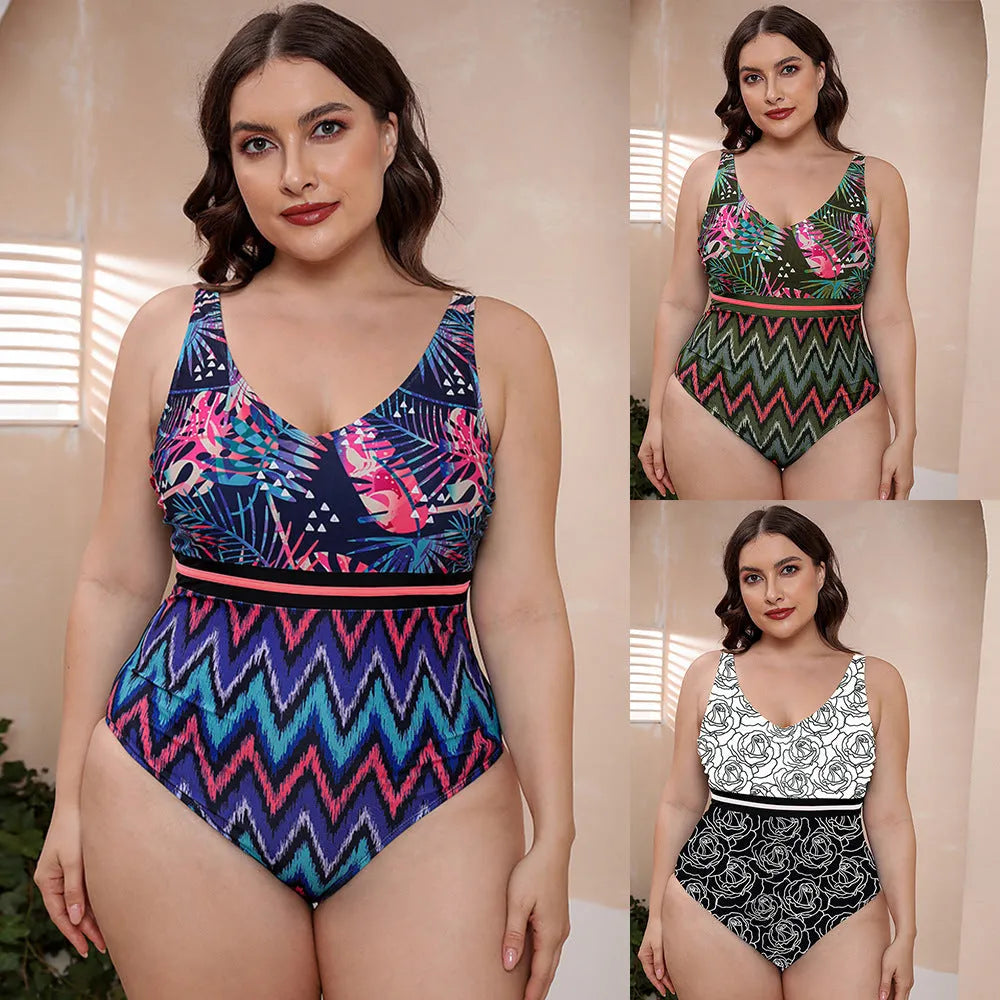 Women's blue printed spaghetti strap one-piece swimsuit with striped vest design for swimming sports