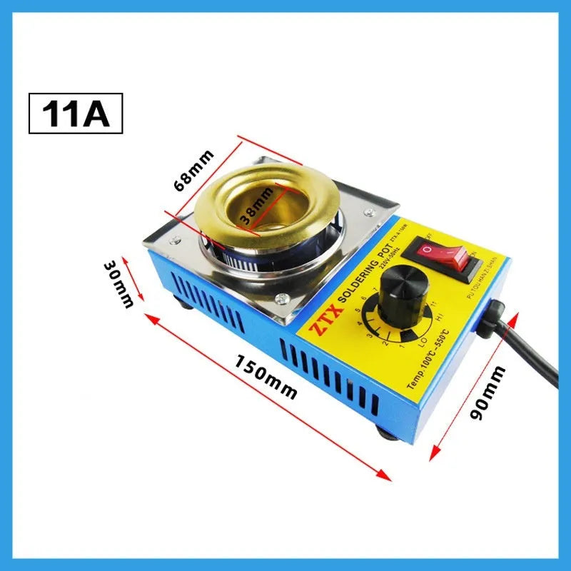 Desktop tin melting furnace with thermostat dial and titanium-plated pot on a workbench.