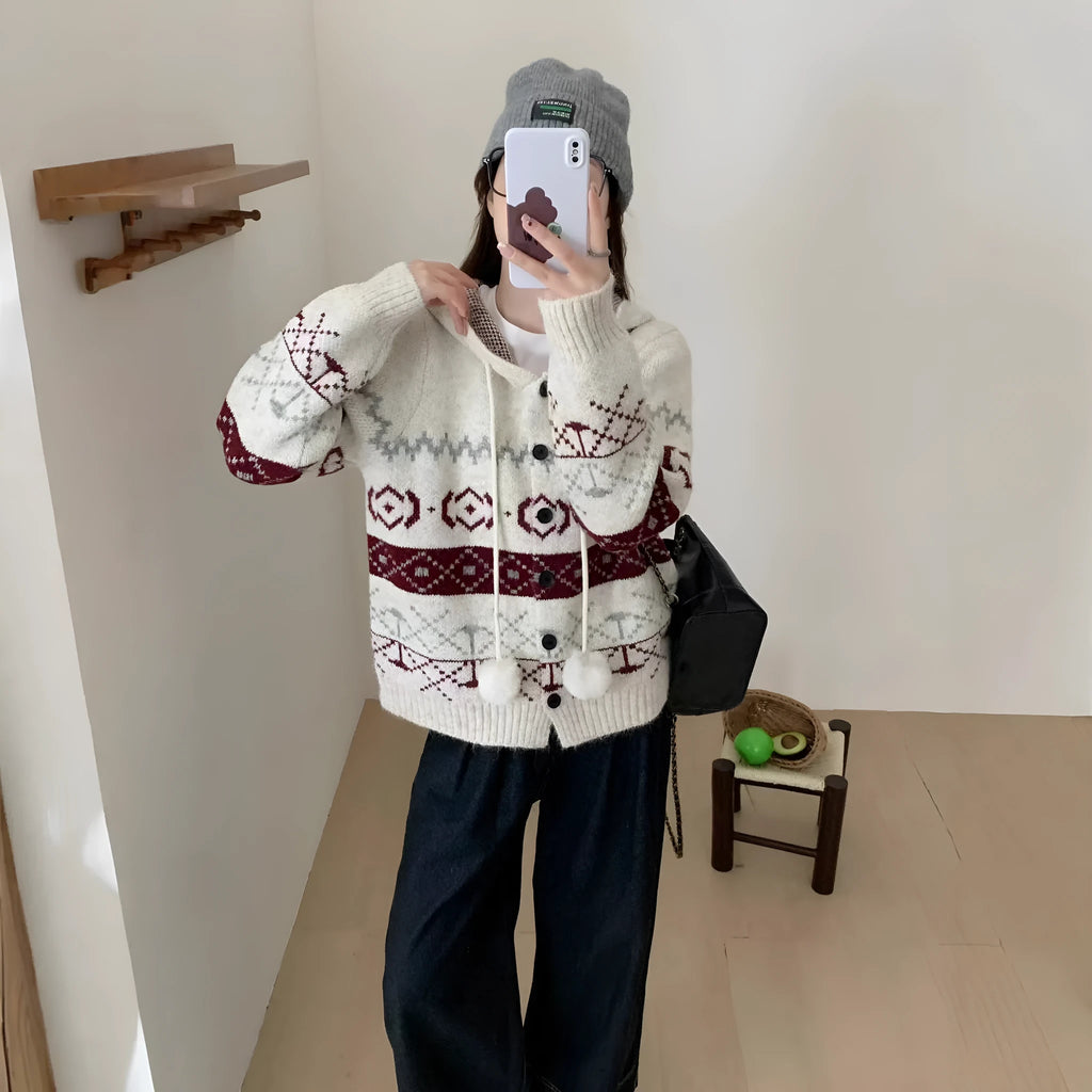 Beige geometric pattern brocade sweater coat for women, loose fit with long sleeves.