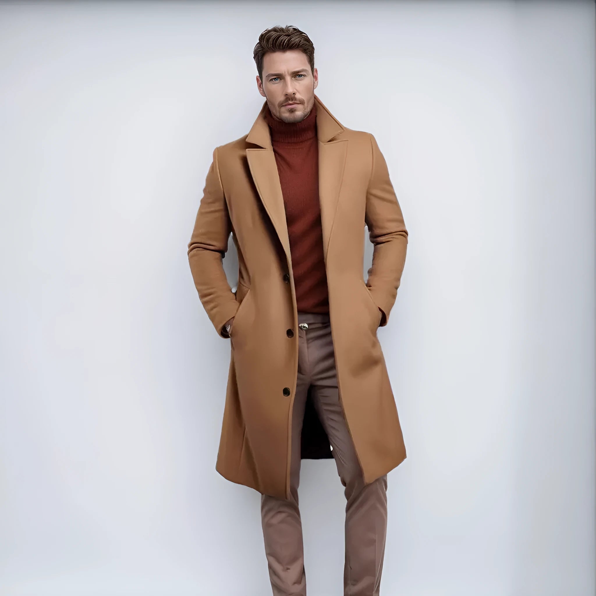 Men's mid-length solid colour woolen coat in dark gray, side view, showing thick fabric and side seam pocket.