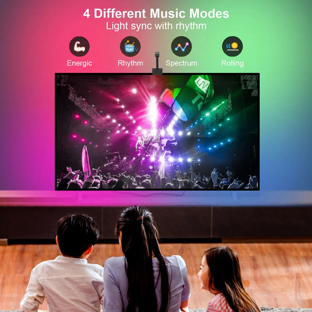 Black smart TV LED backlight strip with camera controller for automatic colour sync, showing remote and app control.