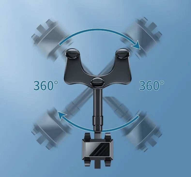 Rotating smartphone mount bracket clipped onto a car rearview mirror, showing left and right adjustment.