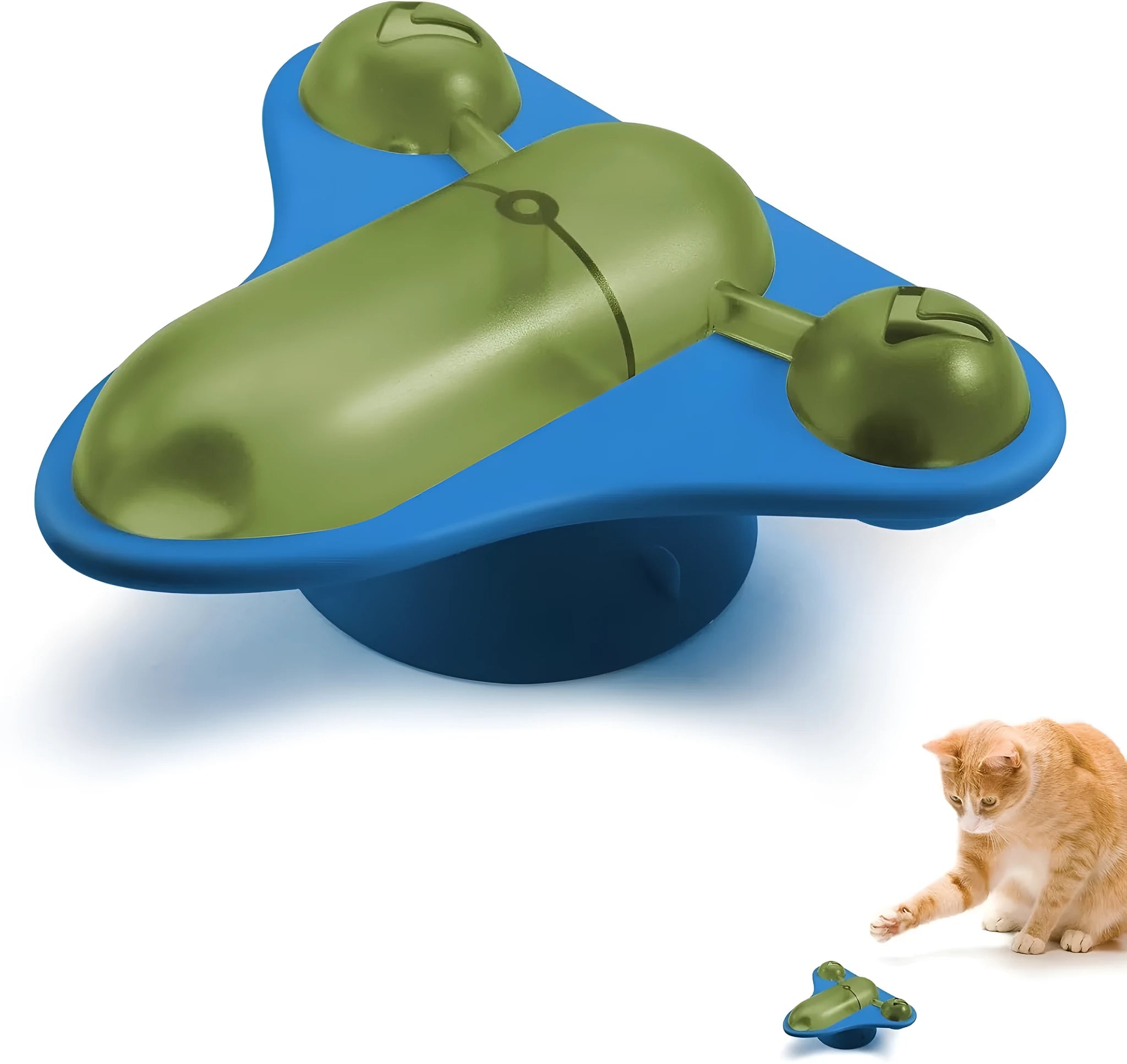 Blue interactive pet puzzle feeder toy with snack cabin, bell, and catnip on a suction cup base.