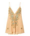 Women's light yellow ethnic print sleeveless V-neck dress with strap design on a short skirt.