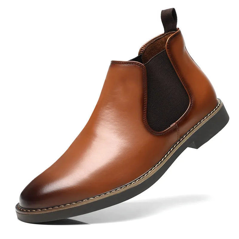 British style men's mid-calf boots in black with a flat square heel and leather toe holder.