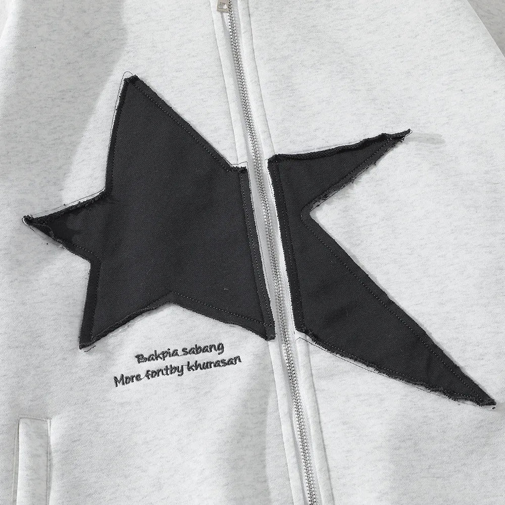 Men's pentagram geometry paste cloth embroidery hooded cardigan sweater in cotton blend loose fit black color