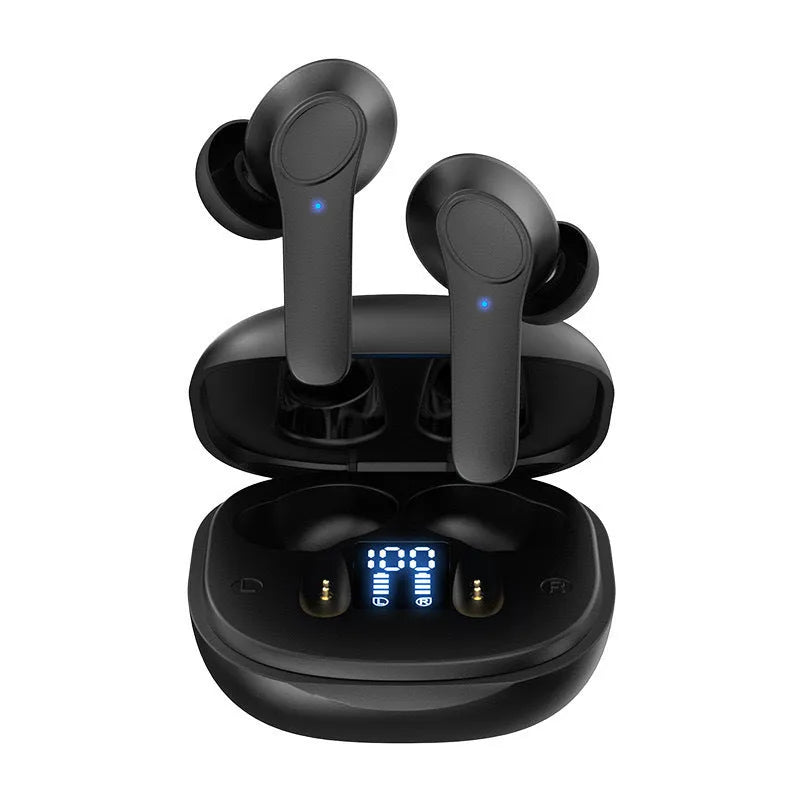 White wireless Bluetooth translation headphones with in-ear design and silicone ear tips on black surface