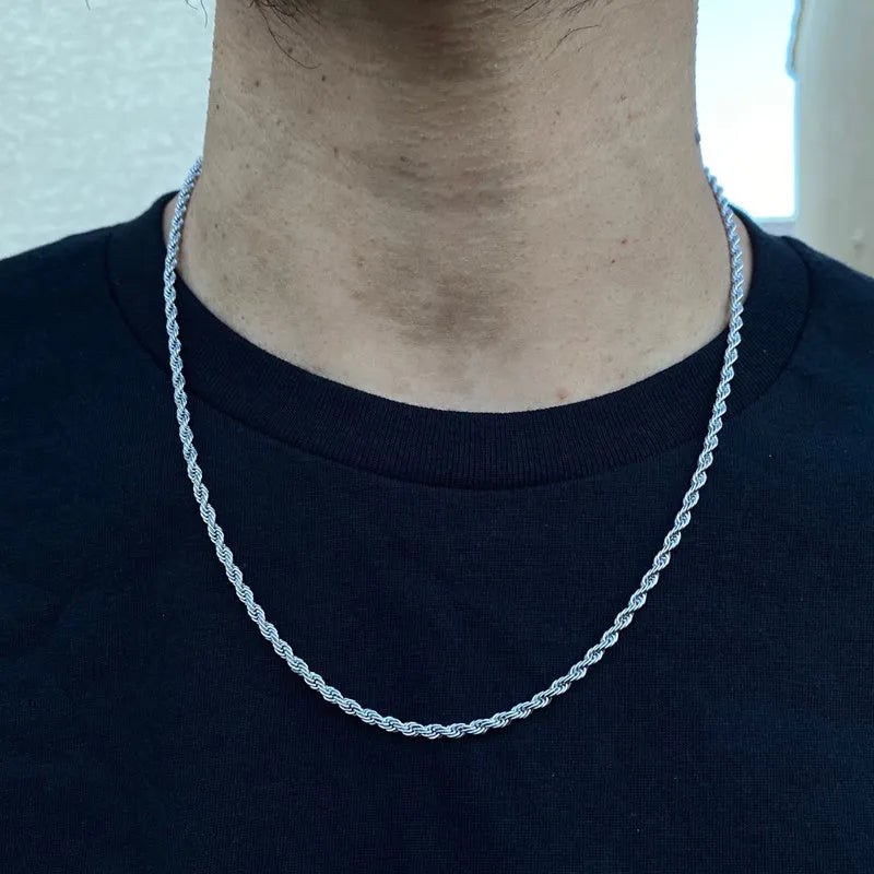 Silver stainless steel cube rope chain men necklace 20 inch length on white background