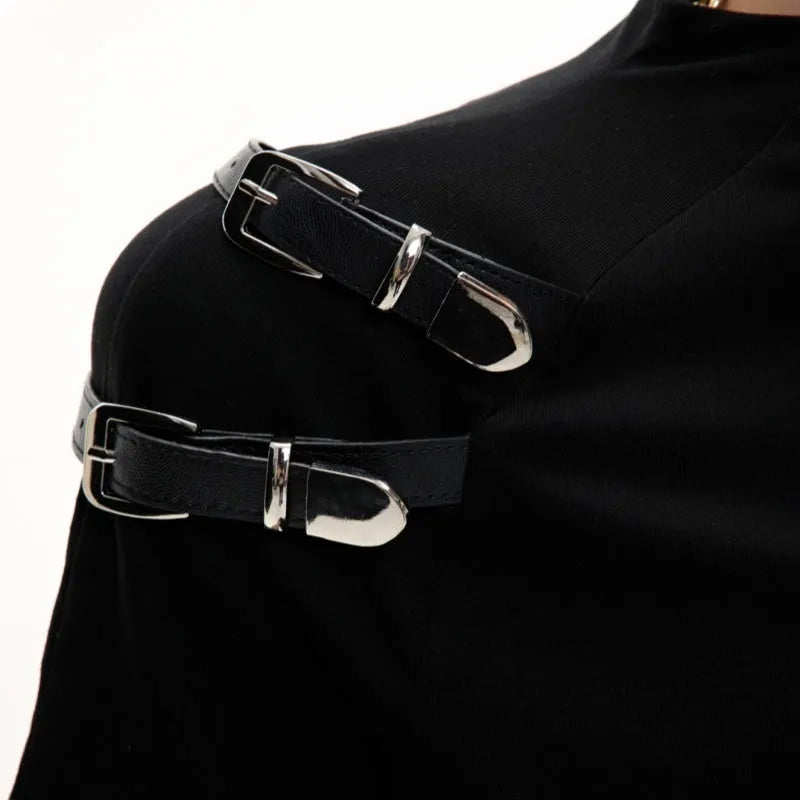 Men's black slim-fit cotton T-shirt with metal stand-up belt collar and short sleeves