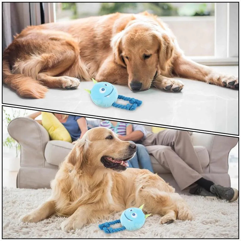 Blue cartoon-shaped dog squeaky toy with knotted cotton rope construction