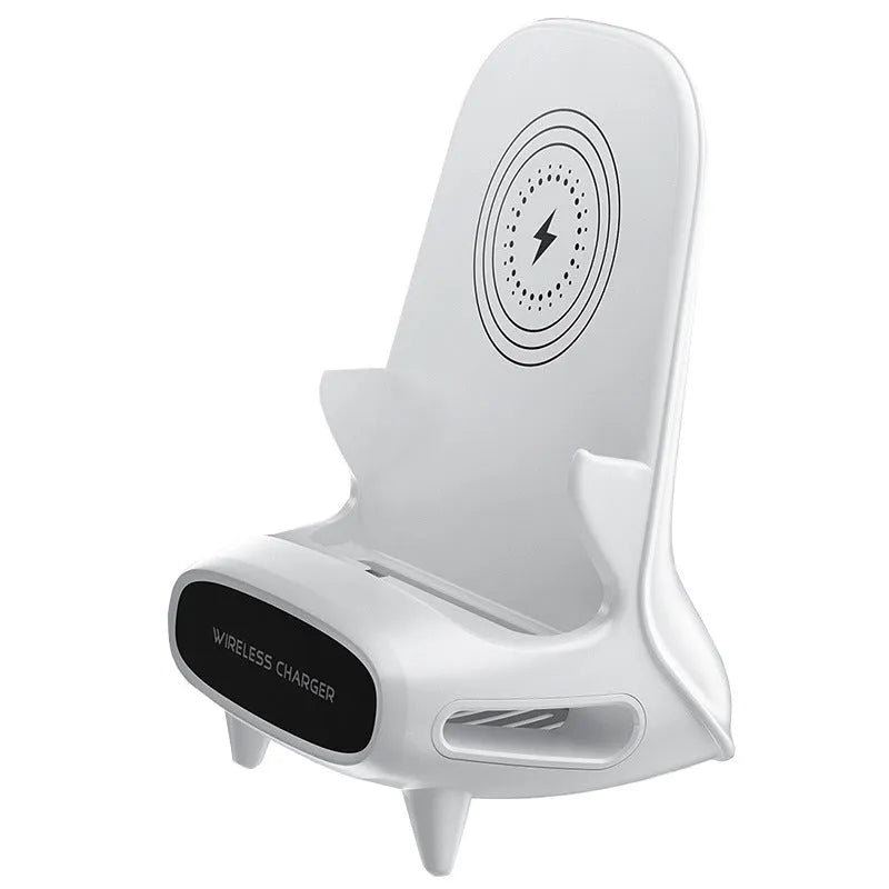 White desktop vertical wireless charging stand with a mobile phone placed on it, 15W fast charging