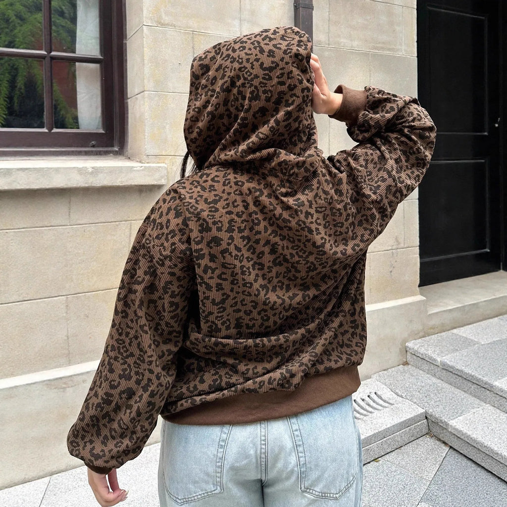 Women's brown leopard print zip-up hooded corduroy long sleeve sweatshirt, front view