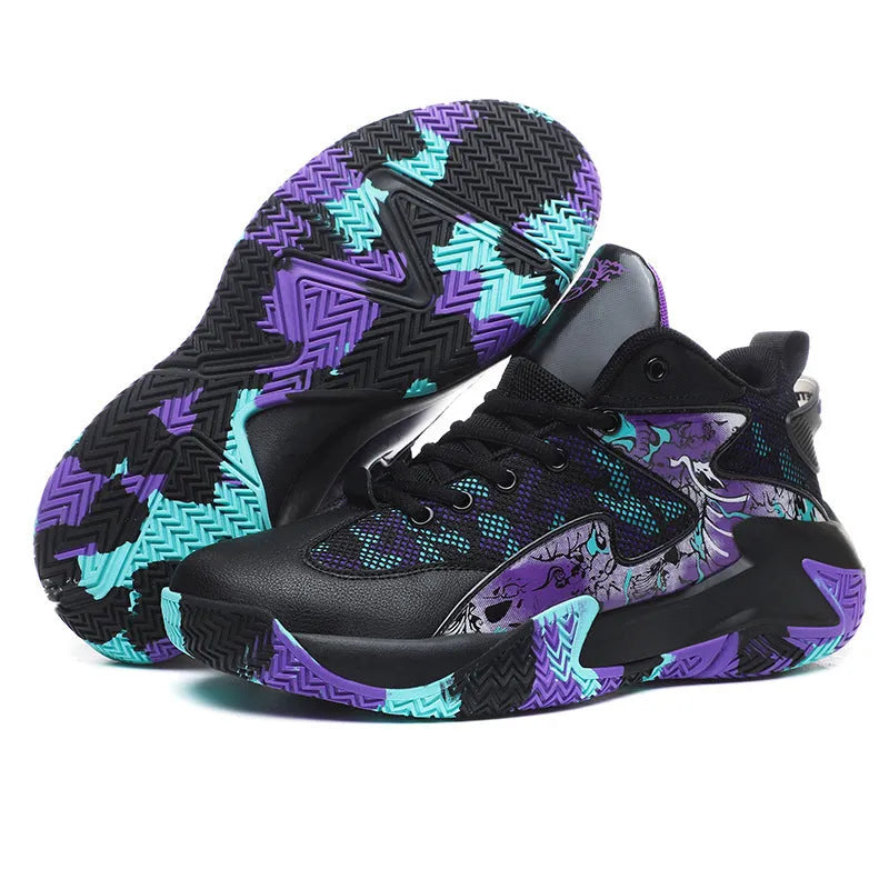 Men's breathable high top basketball shoe graffiti colour block non-slip rubber outsole front tie-up