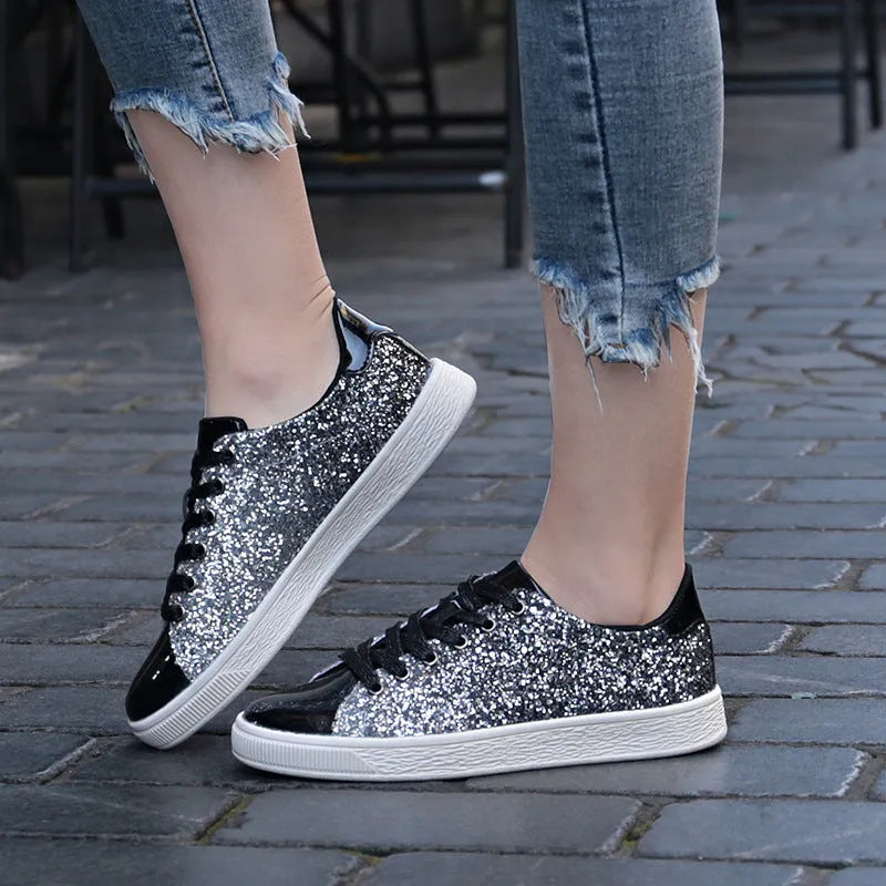 Women's colourful sequinned casual low-top shoes with lace-up front and round toe