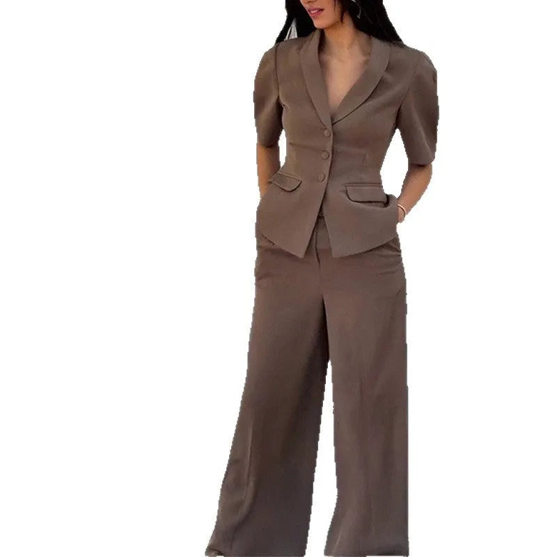 Brown men's two-piece suit with slim-fit waist design showing top and trousers