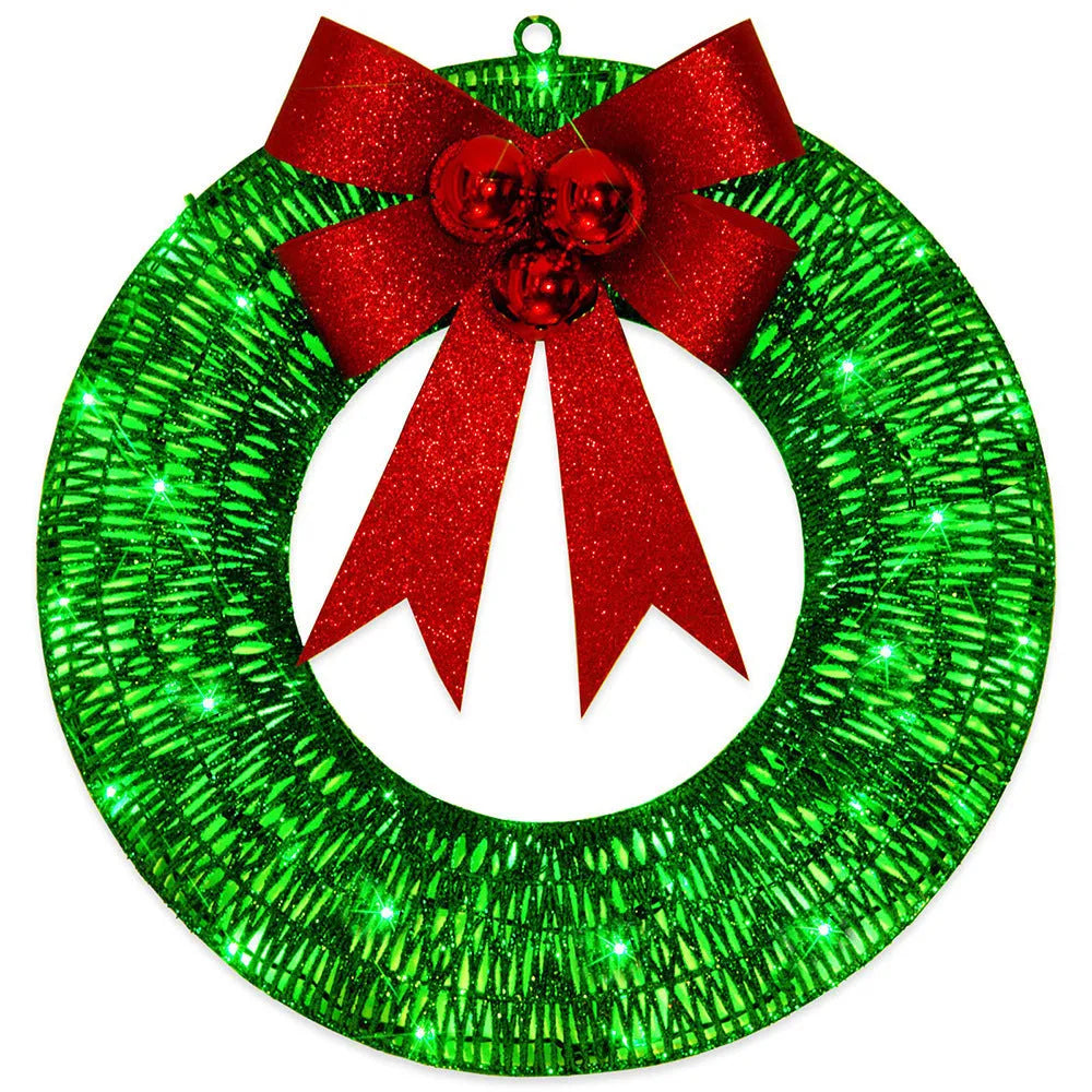 50cm gold green tinsel Christmas garland with LED lights and big bowknot on a wooden door