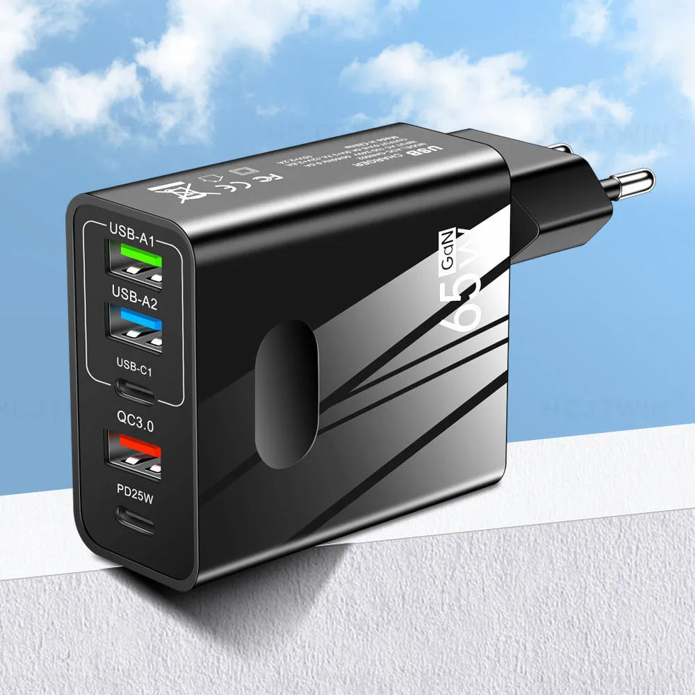Fast charging multi-port travel charger with Type-C PD USB and three ports in black, EU standard plug